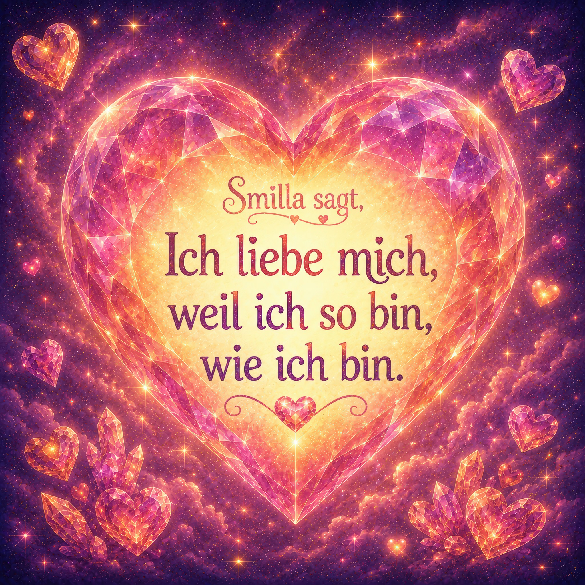 Leuchtendes Kristallherz mit Smillas Hauptsatz: Ich liebe mich, weil ich so bin, wie ich bin.